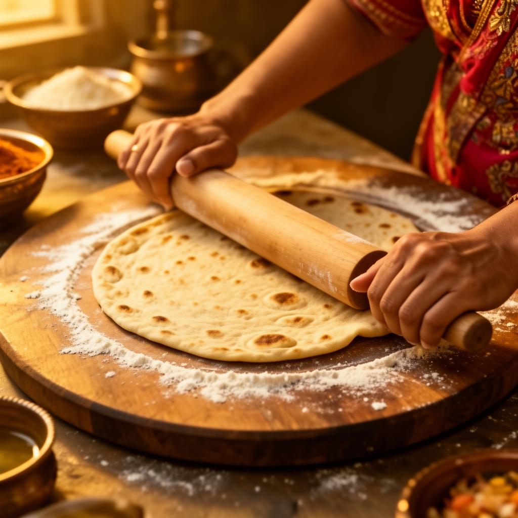 Hands rolling out fresh chapatti dough on a wooden board with a rolling pin