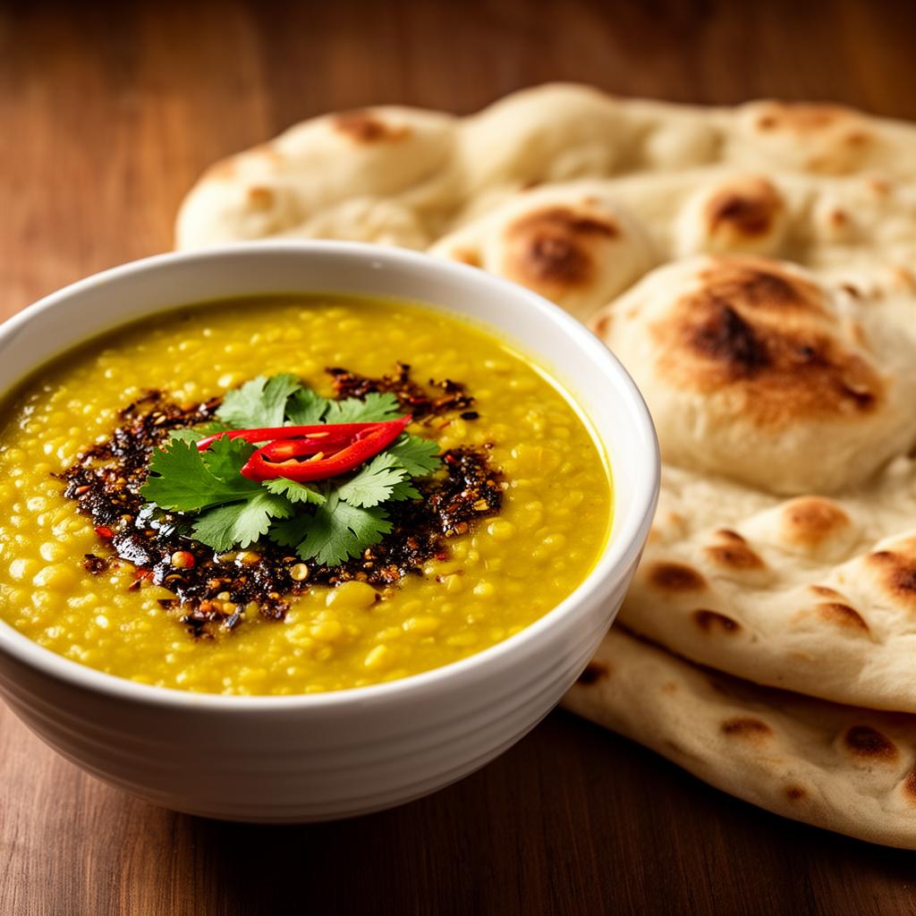 Bowl of yellow daal lentil curry with tarka tempering, fresh coriander, and warm naan bread