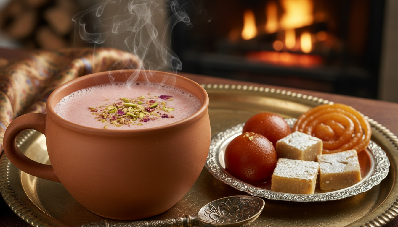 Traditional chai with gulab jamun and barfi