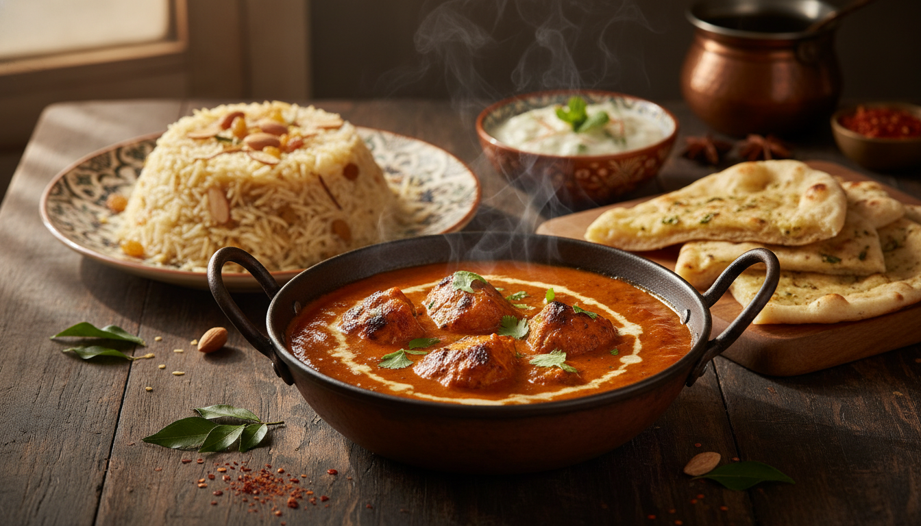 Butter chicken curry with biryani rice and fresh naan