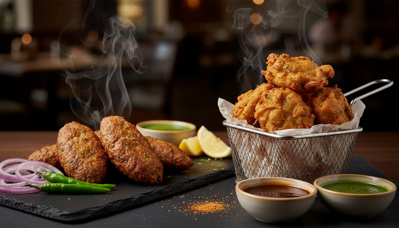 Vegetarian sharing platter for two with pakoras, aloo tikkis, mixed veg and bhindi curries at Fozia's