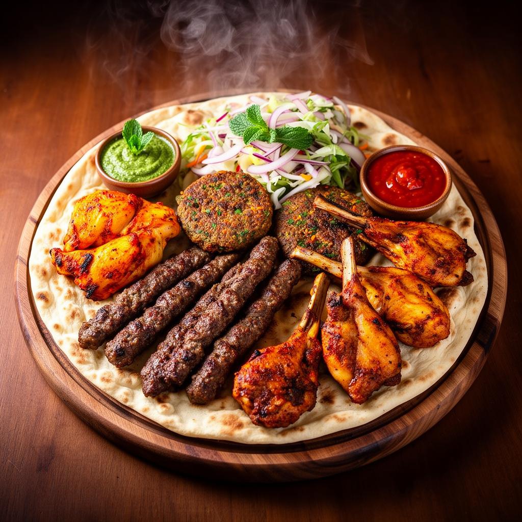 Mixed grill starter platter for four – seekh kebabs, chapli kebabs, lamb chops and tandoori chicken on naan