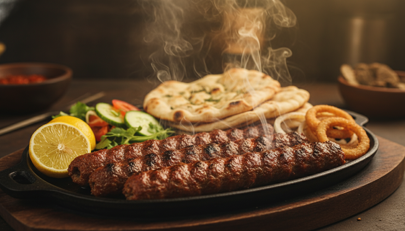Seekh kebab served with fresh naan bread